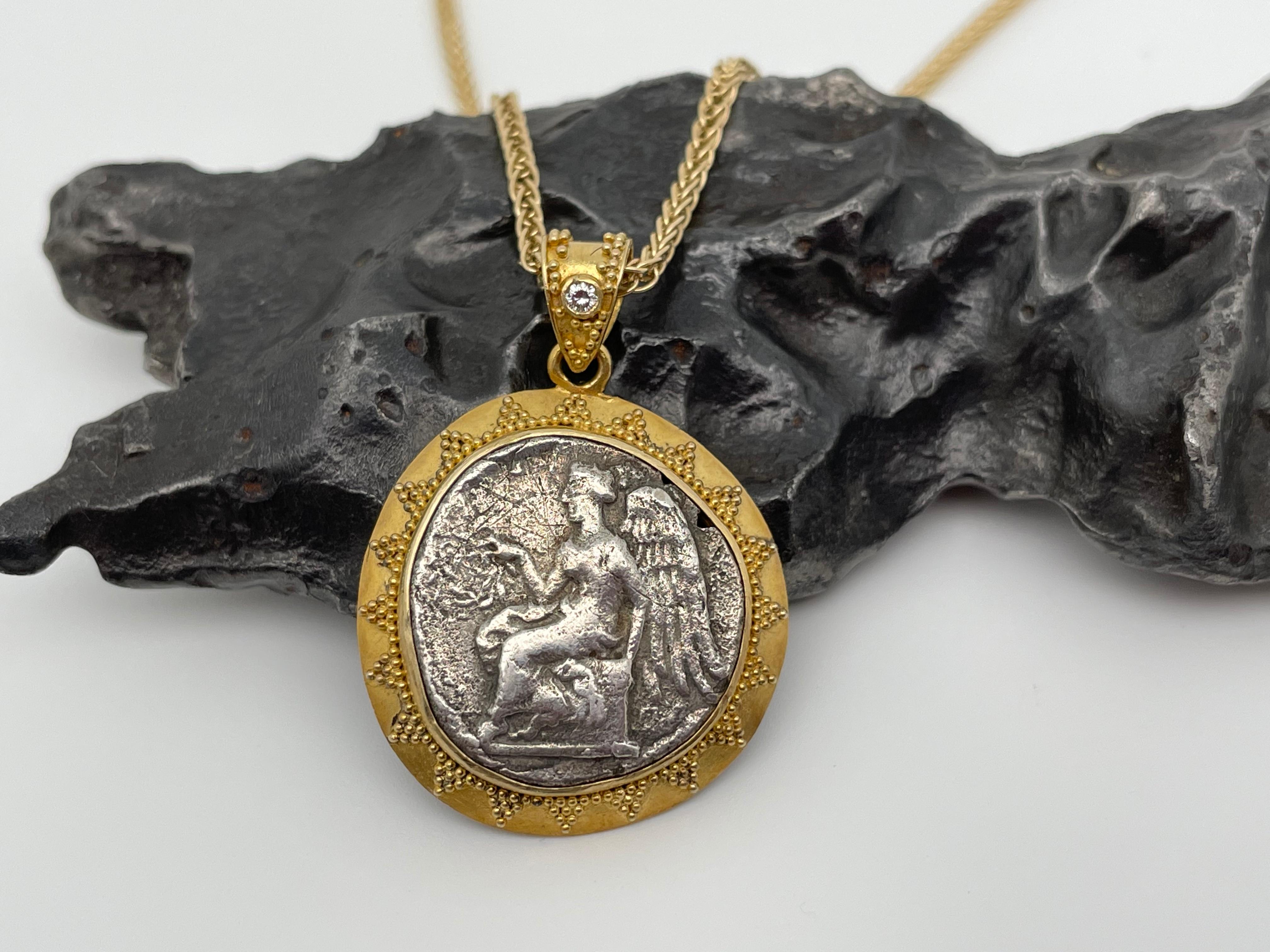 Ancient Greek 5th Century BC Nike Coin Diamond 22K Gold Pendant In New Condition For Sale In Soquel, CA