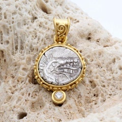 Ancient Greek 5th Century BC Sea Monster Coin Diamond 18K Gold Pendant