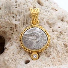 Ancient Greek 5th Century BC Sea Monster Coin Diamond 18K Gold Pendant