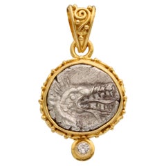 Ancient Greek 5th Century BC Sea Monster Coin Diamond 18K Gold Pendant
