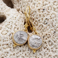 Ancient Greek 5th Century BC Sea Monster Coins 18K Gold Wire Earrings