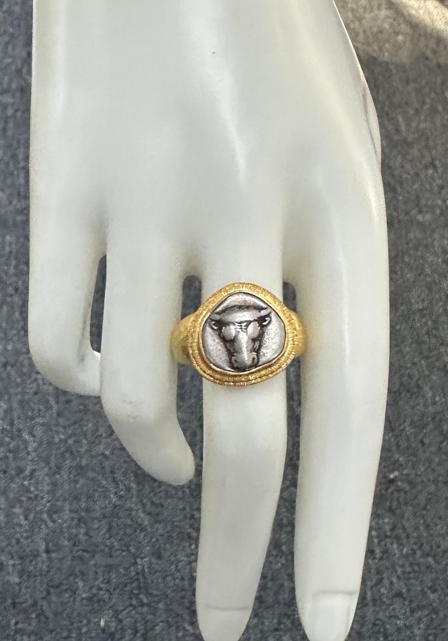 Ancient Greek 5th Century BC Silver Bull Coin 18K Gold Mens Ring For Sale 7