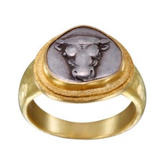Ancient Greek 5th Century BC Silver Bull Coin 18K Gold Mens Ring