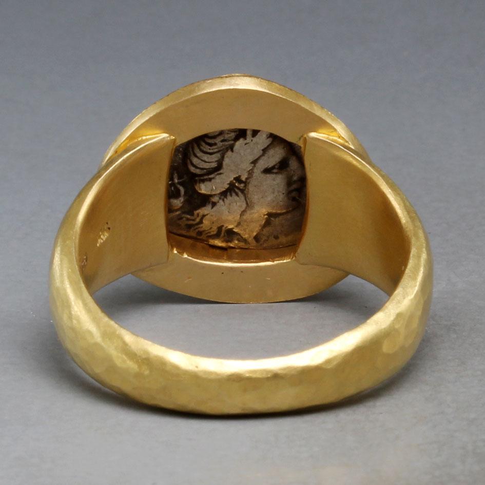 Women's or Men's Ancient Greek 5th Century BC Silver Bull Coin 18K Gold Mens Ring For Sale