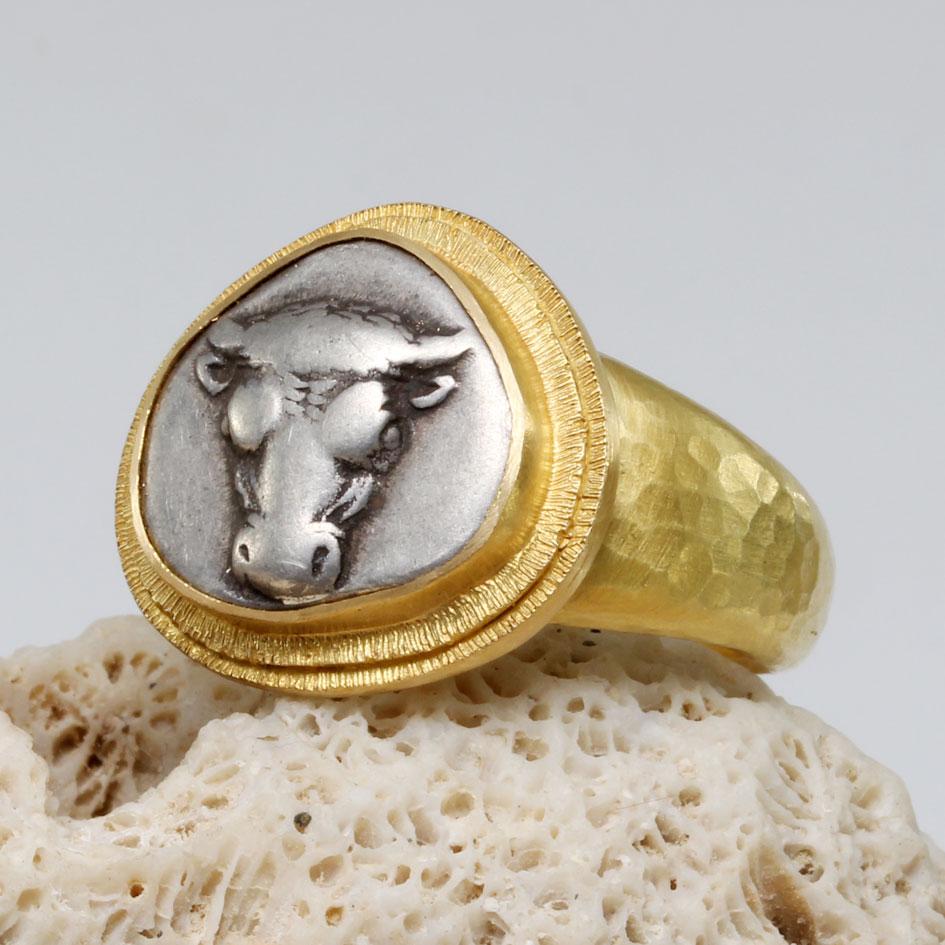 Ancient Greek 5th Century BC Silver Bull Coin 18K Gold Mens Ring For Sale 1