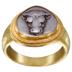 Ancient Greek 5th Century BC Silver Bull Coin 18K Gold Mens Ring