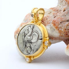 Ancient Greek 5th Century BC Silver Griffin Coin Diamonds 18K Gold Pendant
