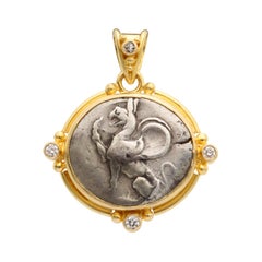 Ancient Greek 5th Century BC Silver Griffin Coin Diamonds 18K Gold Pendant