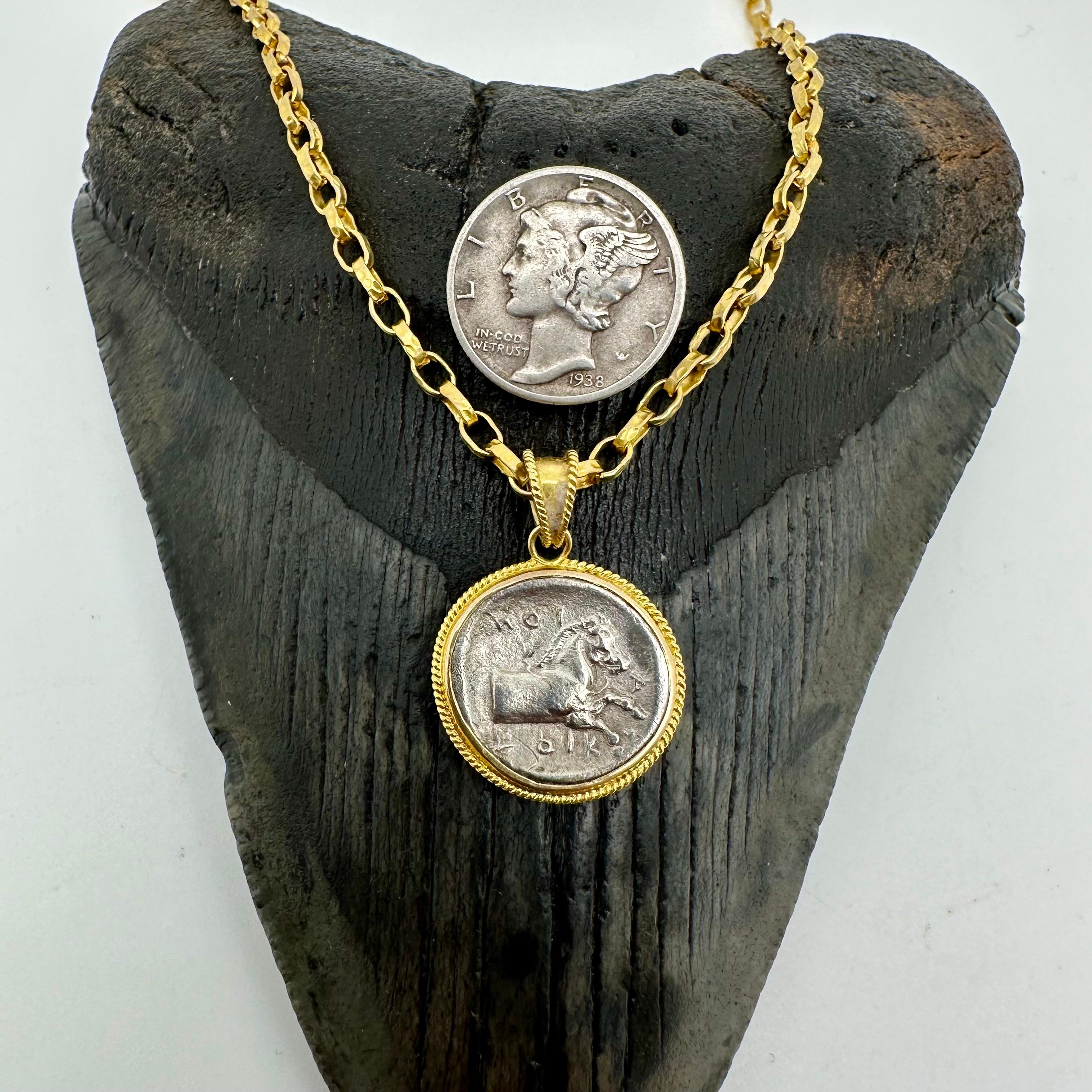 Classical Greek Ancient Greek 5th Century BC Silver Horse Coin 18K Gold Pendant For Sale