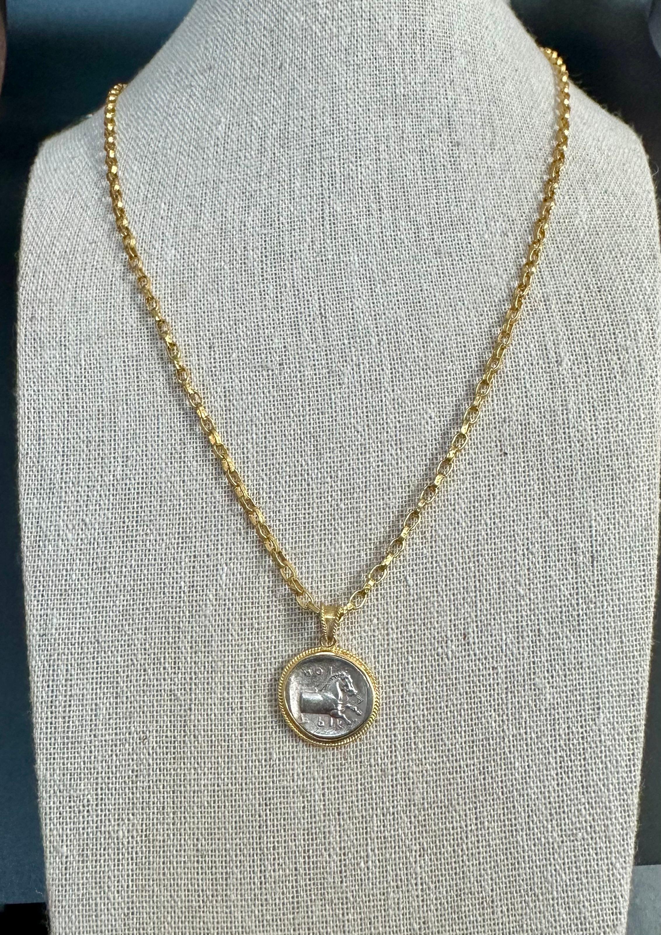 Ancient Greek 5th Century BC Silver Horse Coin 18K Gold Pendant In New Condition For Sale In Soquel, CA