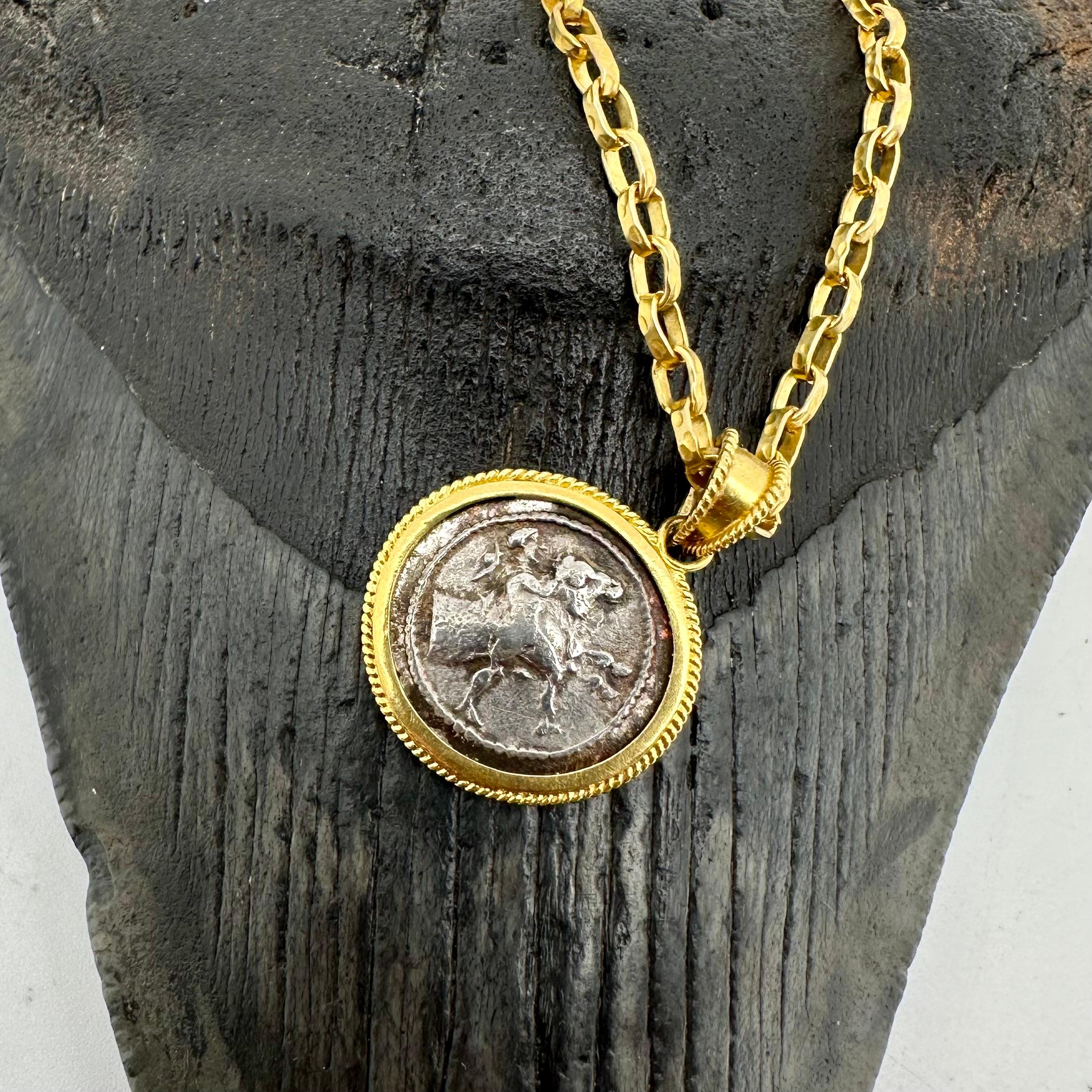 Women's or Men's Ancient Greek 5th Century BC Silver Horse Coin 18K Gold Pendant For Sale