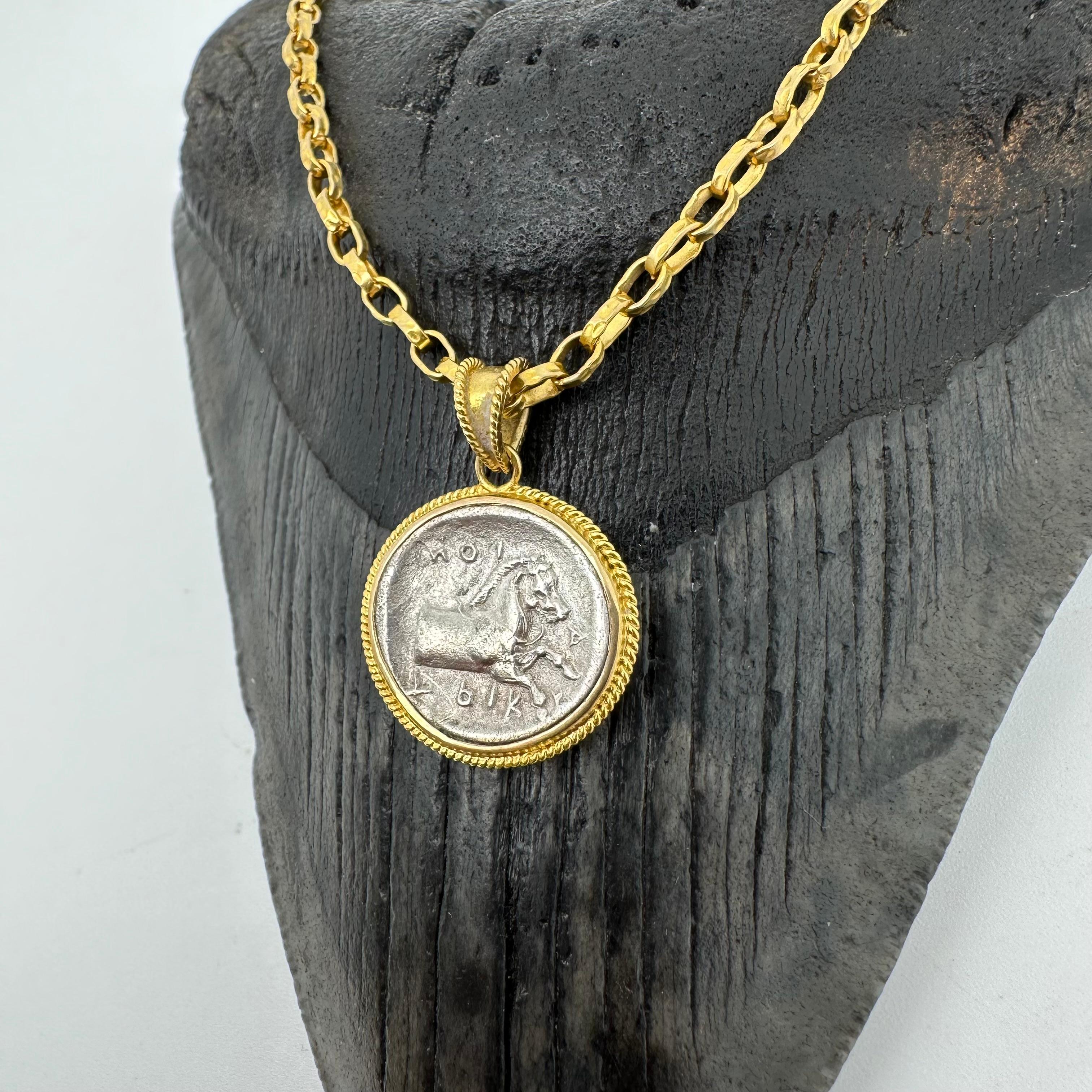 Ancient Greek 5th Century BC Silver Horse Coin 18K Gold Pendant For Sale 2