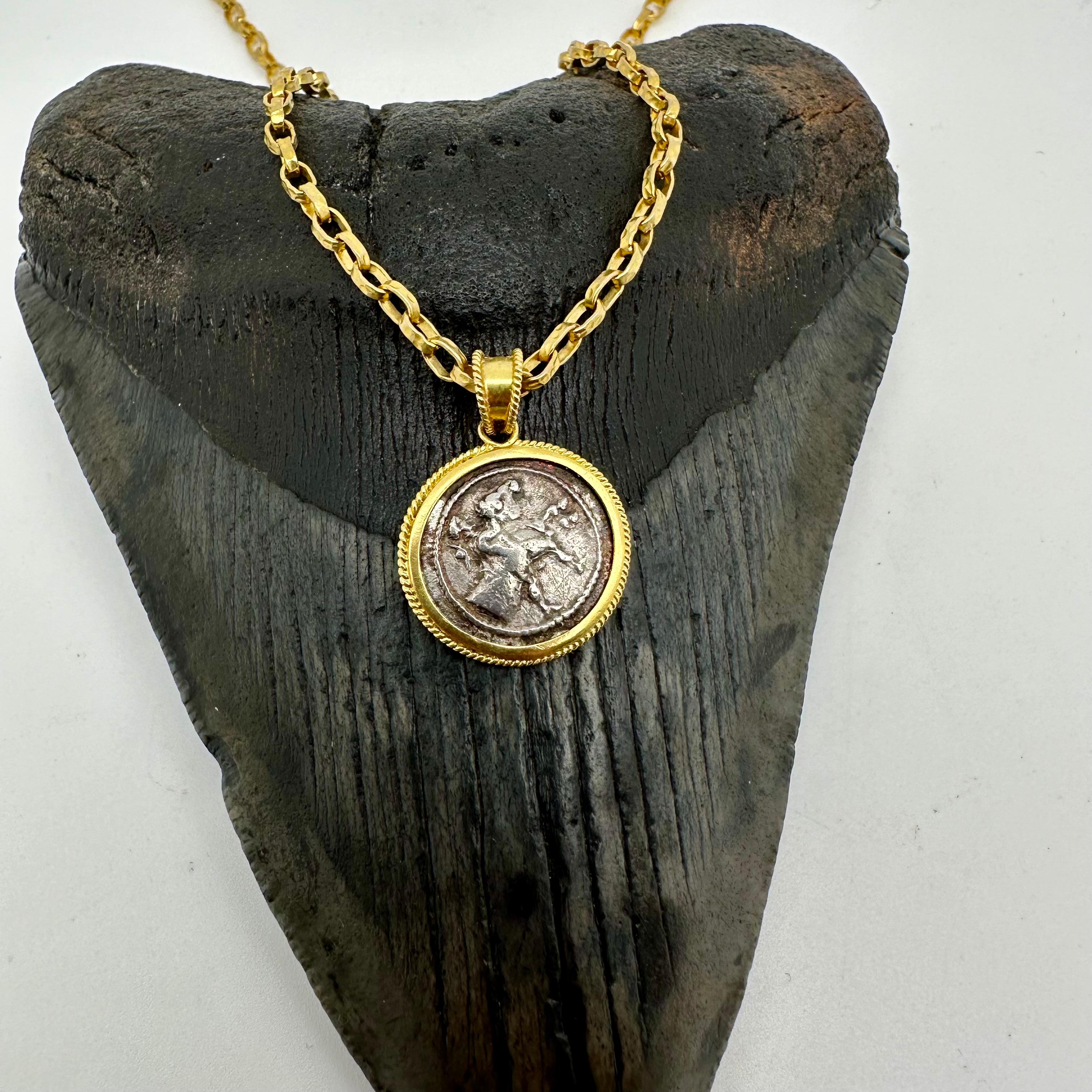 Ancient Greek 5th Century BC Silver Horse Coin 18K Gold Pendant For Sale 3