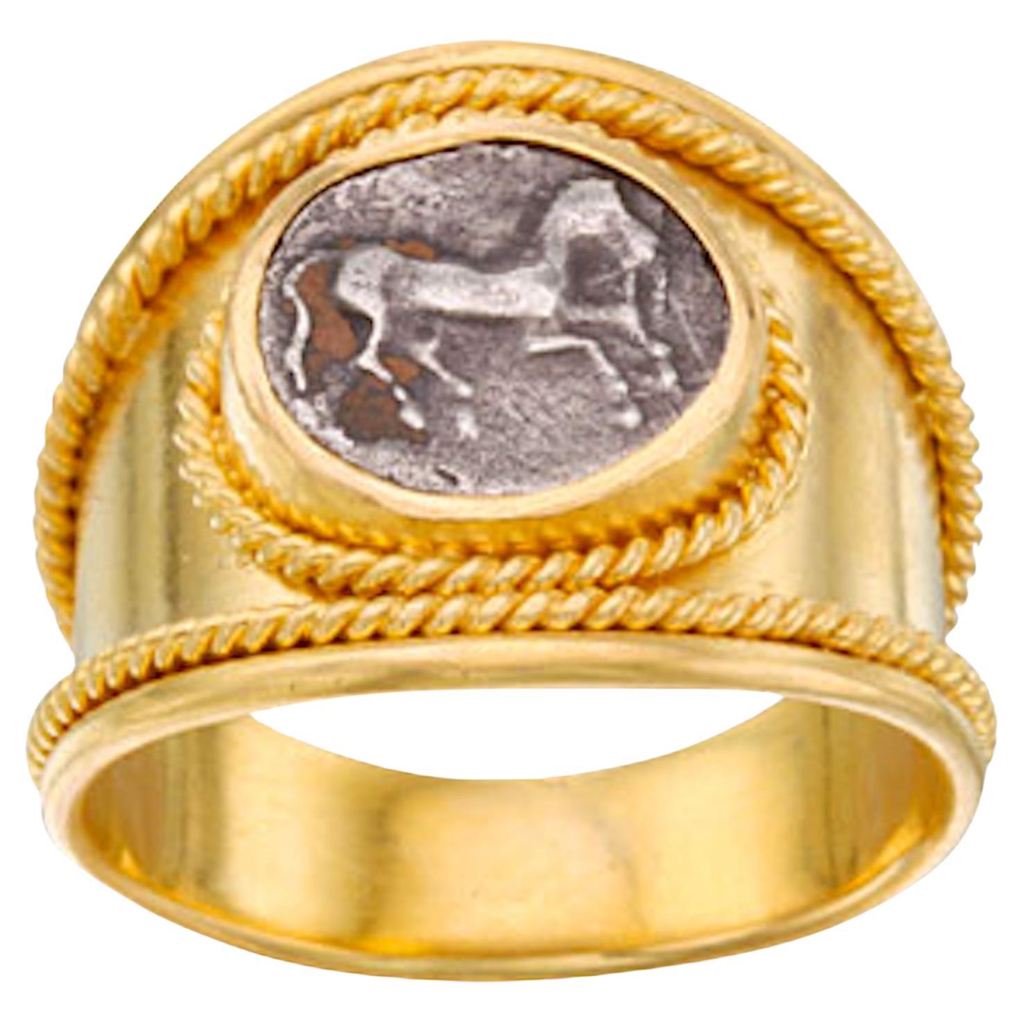 Antike griechische 5. Jahrhundert v. Chr. Silber Pferd Münze 18K Gold Ring