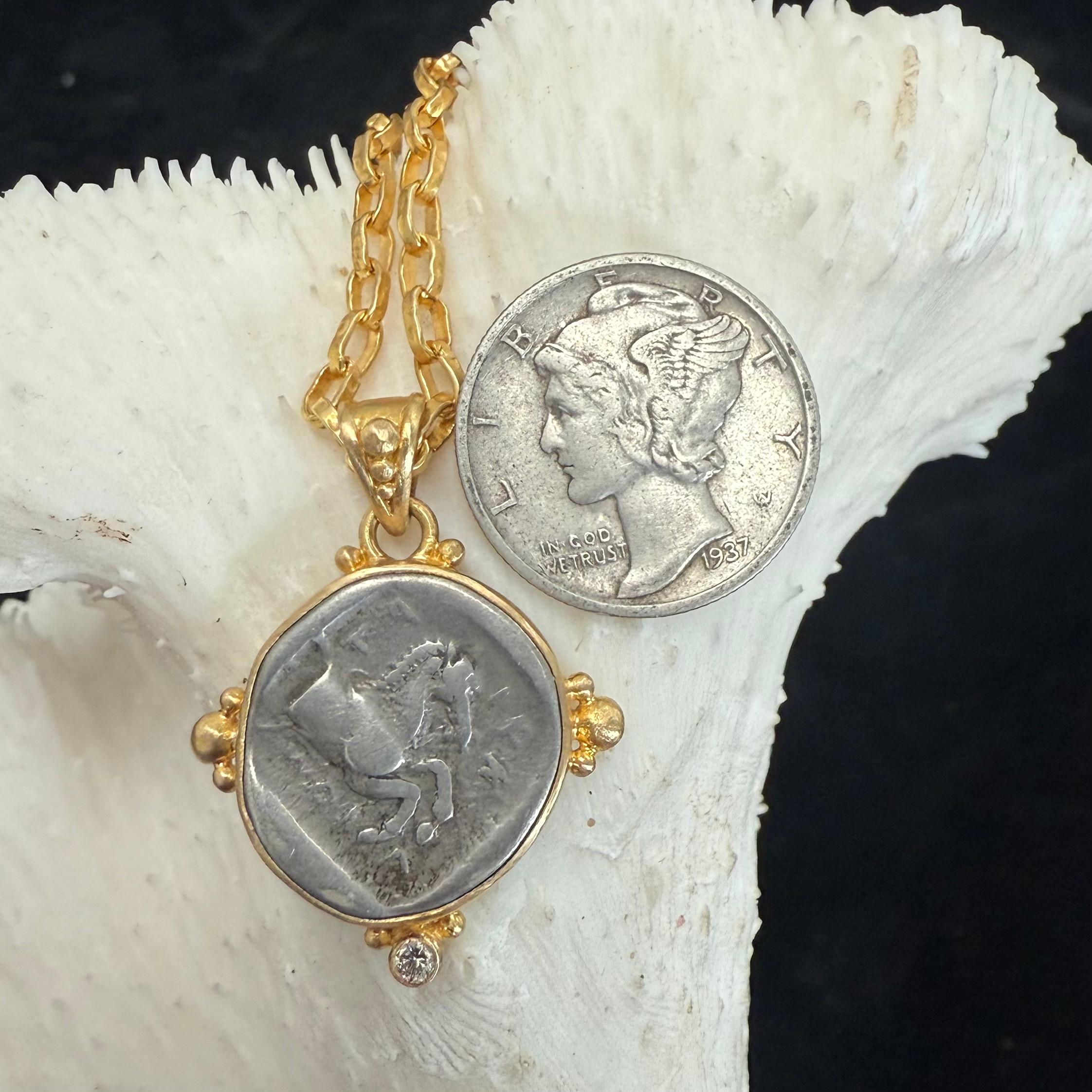 Ancient Greek 5th Century BC Silver Horse Coin Diamond 18K Gold Pendant For Sale 4