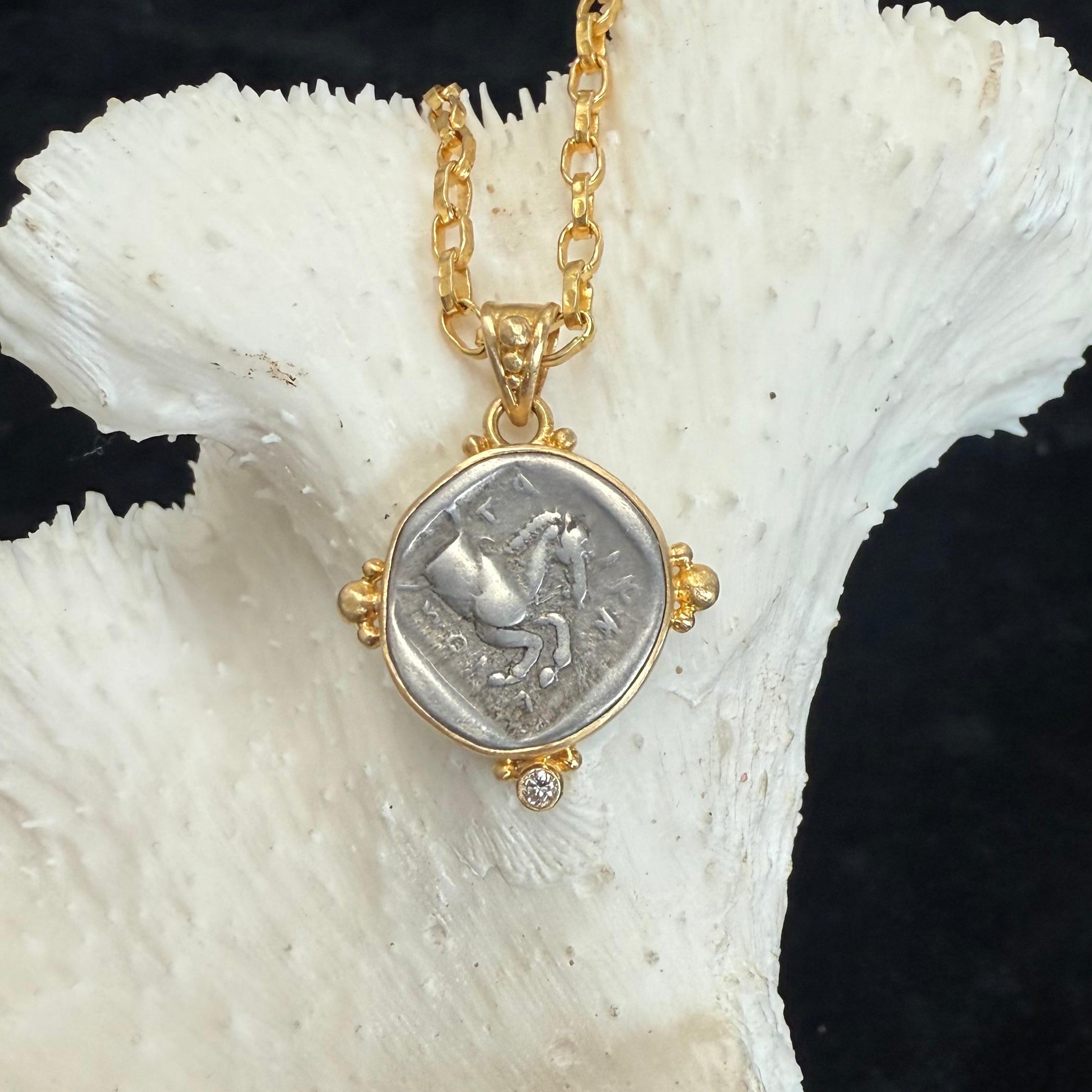 Ancient Greek 5th Century BC Silver Horse Coin Diamond 18K Gold Pendant For Sale 5