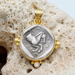 Ancient Greek 5th Century BC Silver Horse Coin Diamond 18K Gold Pendant