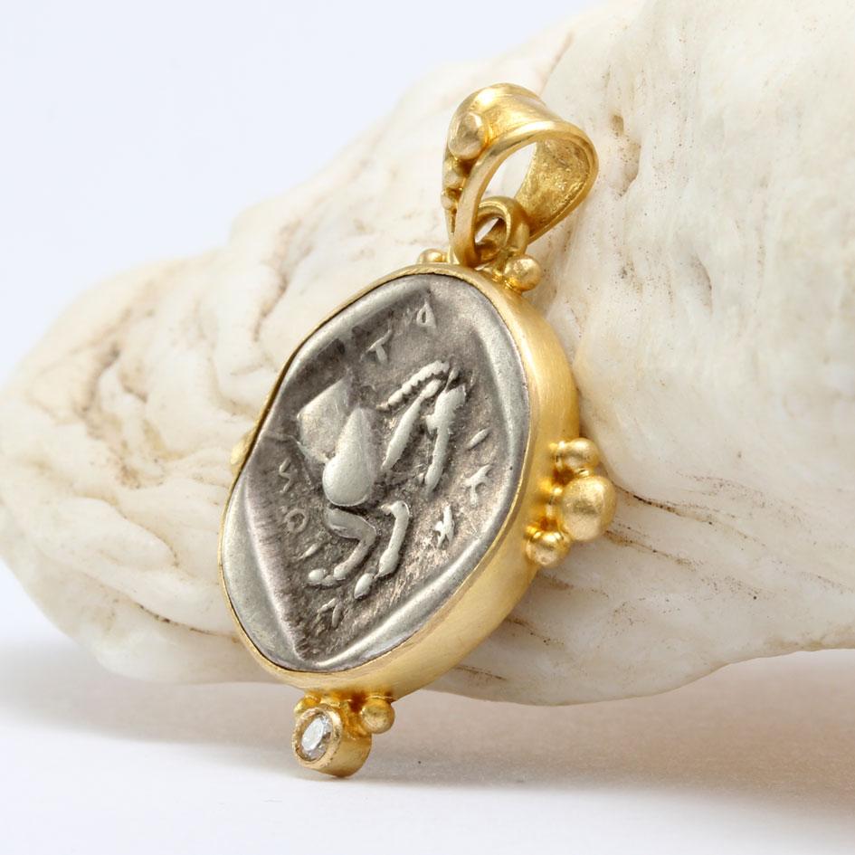 Classical Greek Ancient Greek 5th Century BC Silver Horse Coin Diamond 18K Gold Pendant For Sale