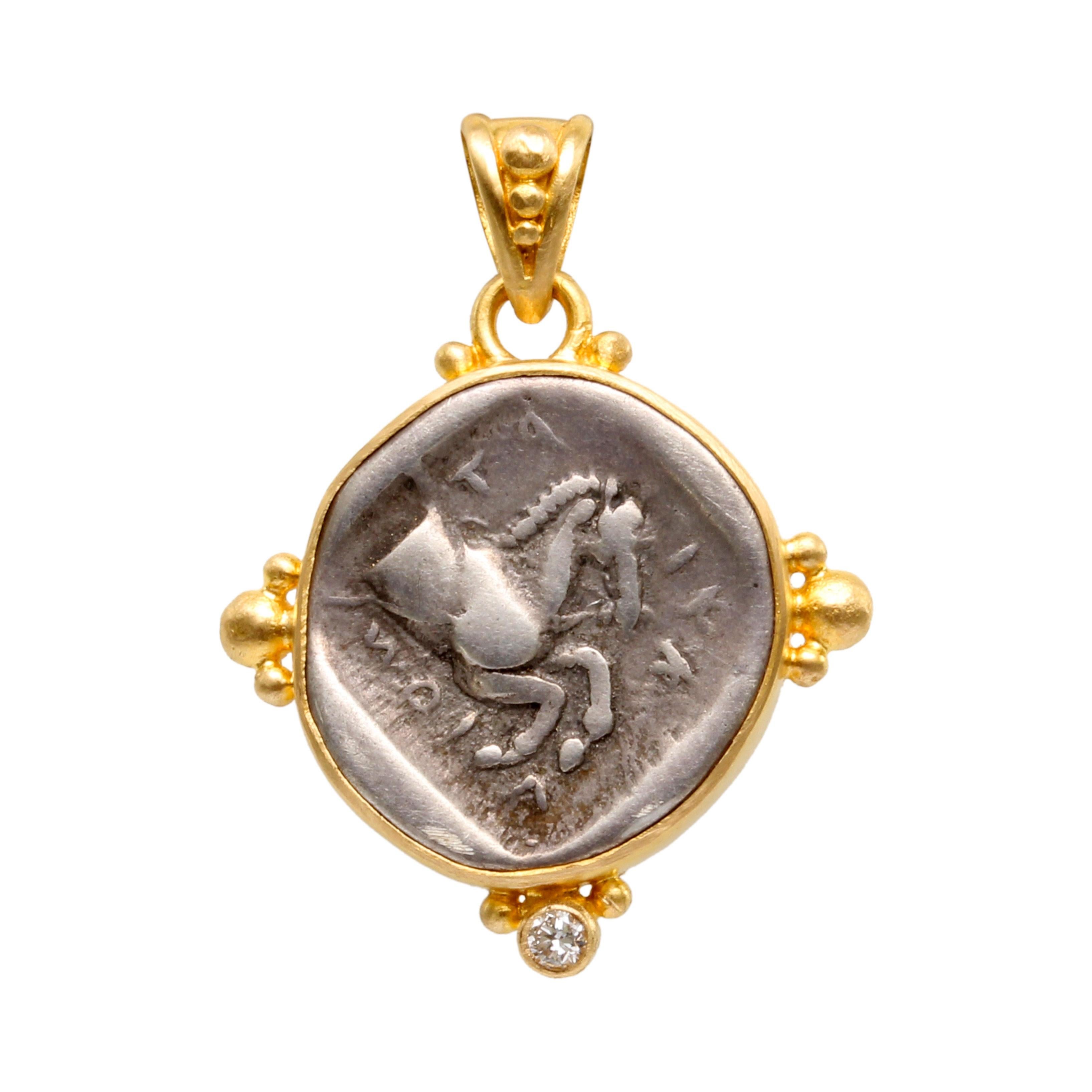 Ancient Greek 5th Century BC Silver Horse Coin Diamond 18K Gold Pendant In New Condition For Sale In Soquel, CA