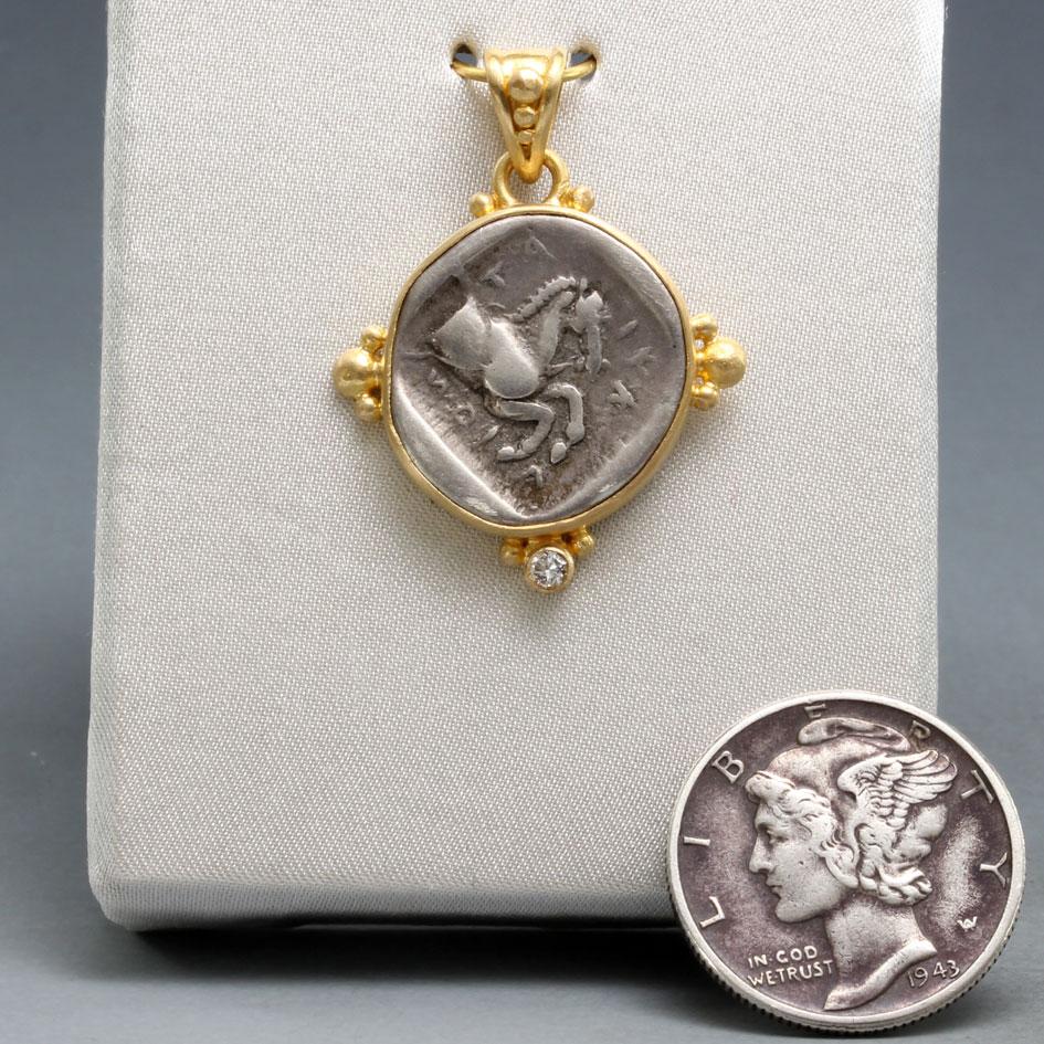 Women's or Men's Ancient Greek 5th Century BC Silver Horse Coin Diamond 18K Gold Pendant For Sale
