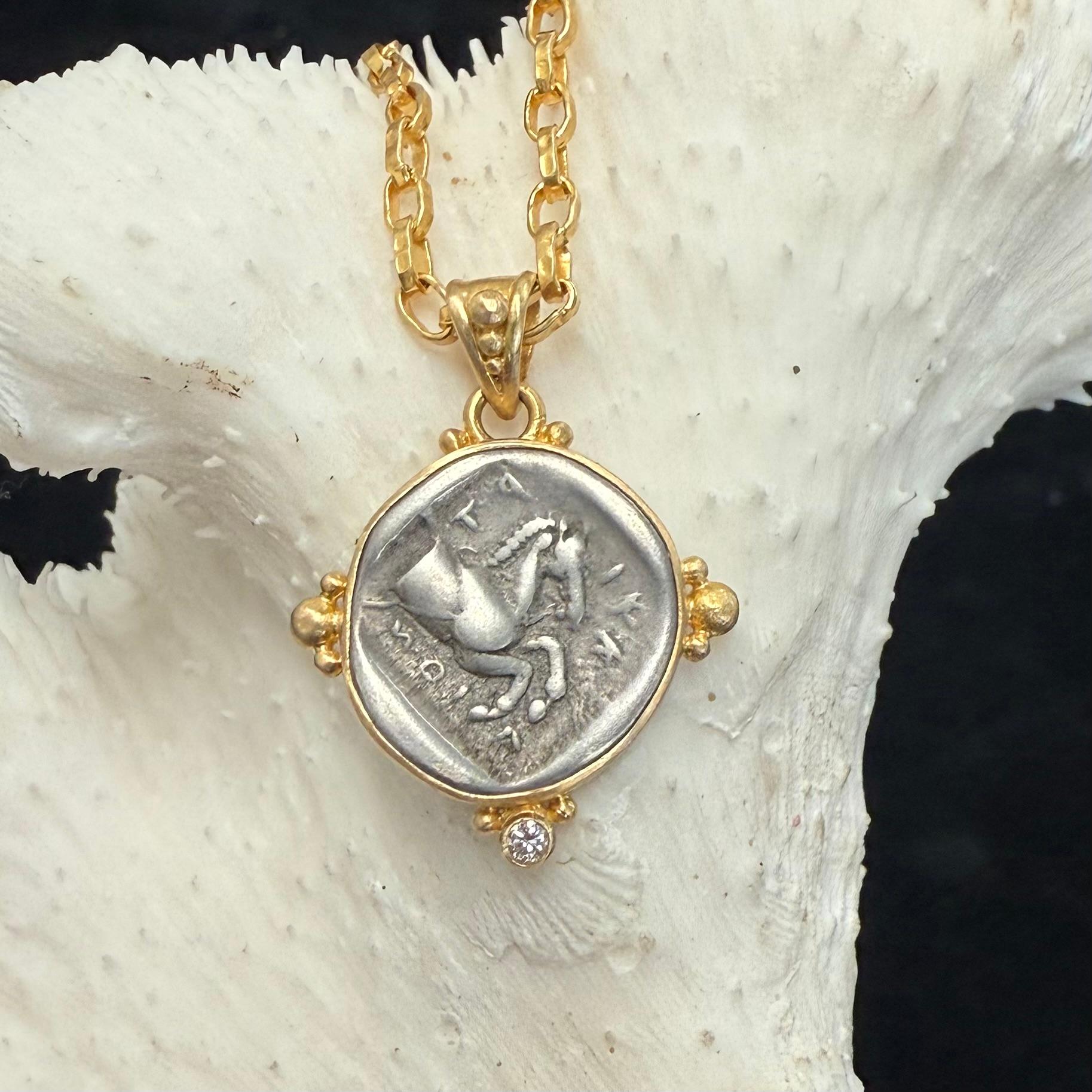 Ancient Greek 5th Century BC Silver Horse Coin Diamond 18K Gold Pendant For Sale 2