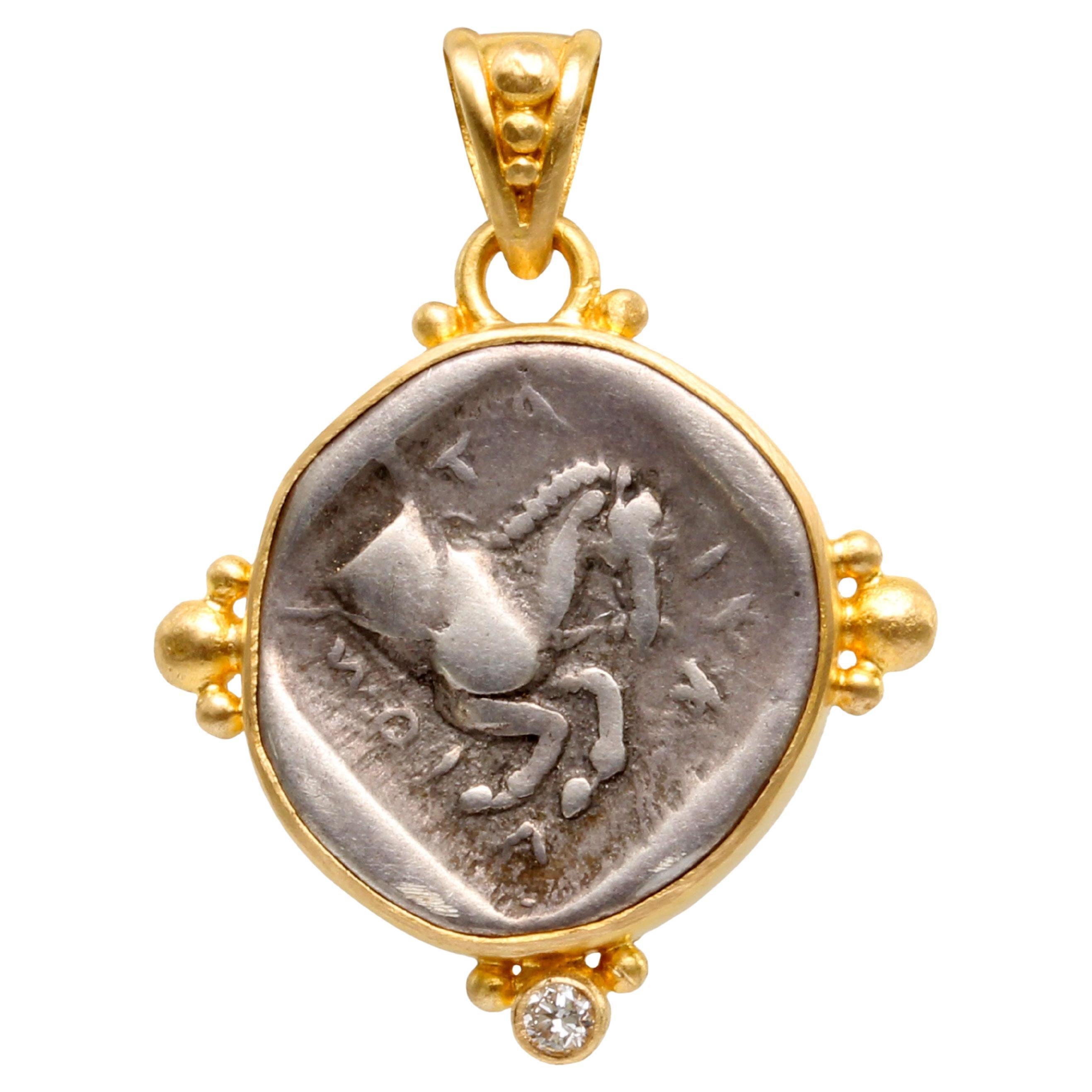 Ancient Greek 5th Century BC Silver Horse Coin Diamond 18K Gold Pendant