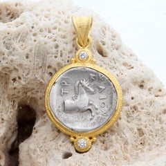 Ancient Greek 5th Century BC Silver Horse Coin Diamonds 18K Gold Pendant