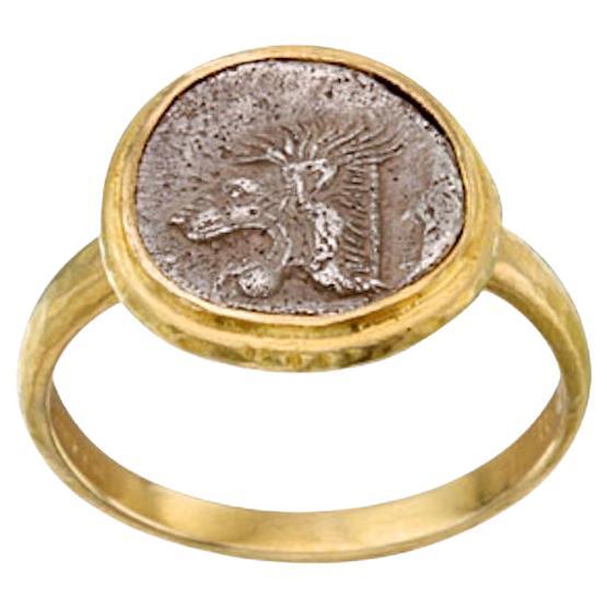 Antike griechische 5. Jahrhundert v. Chr. Silber Löwenmünze 18K Gold Ring Größe 6,5
