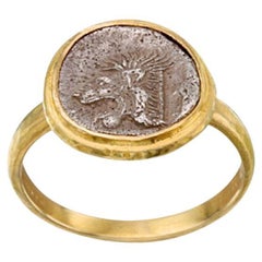 Ancient Greek 5th Century BC Silver Lion Coin 18K Gold Ring size 6.5