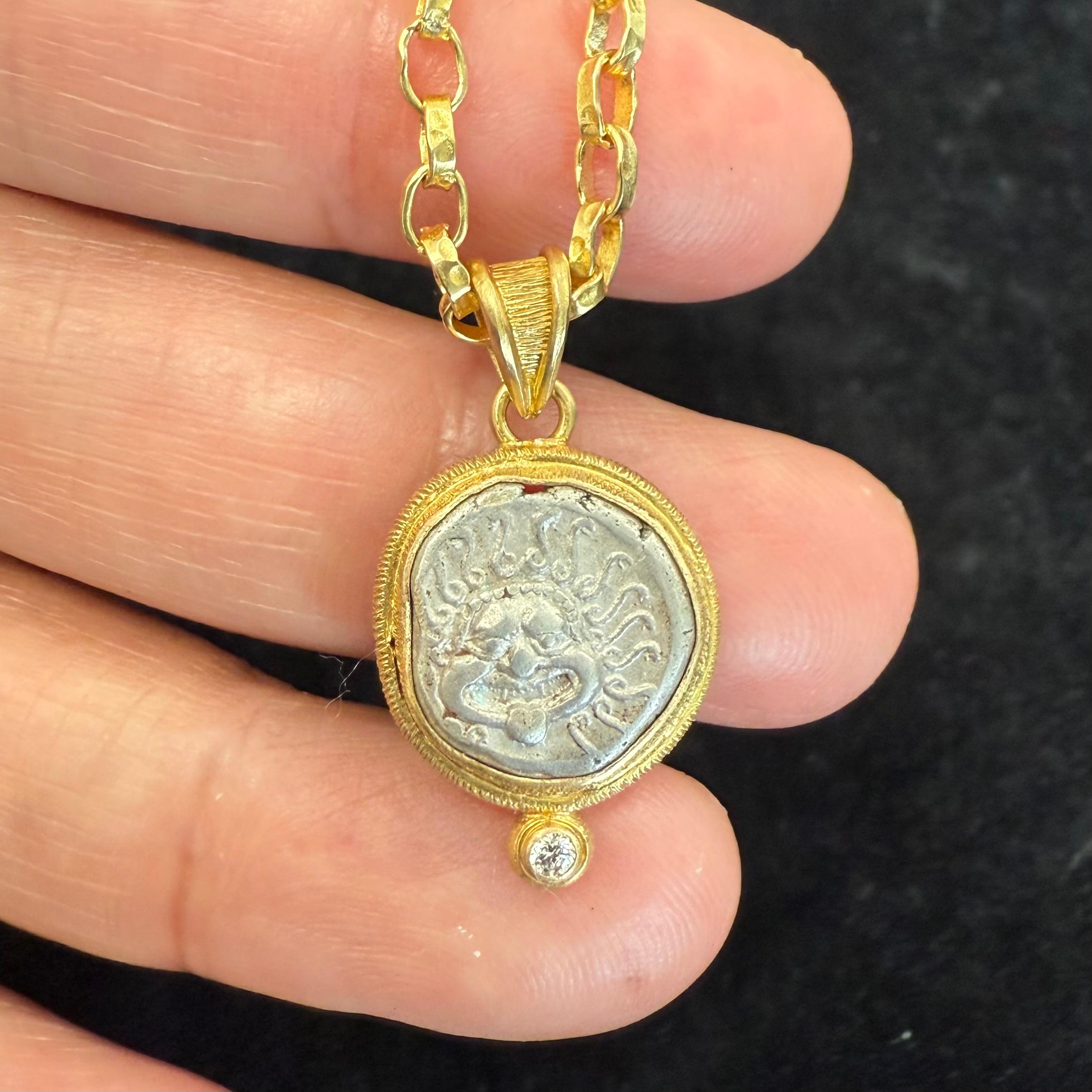 Ancient Greek 5th Century BC Silver Medusa Coin Diamond 18K Gold Pendant For Sale 4