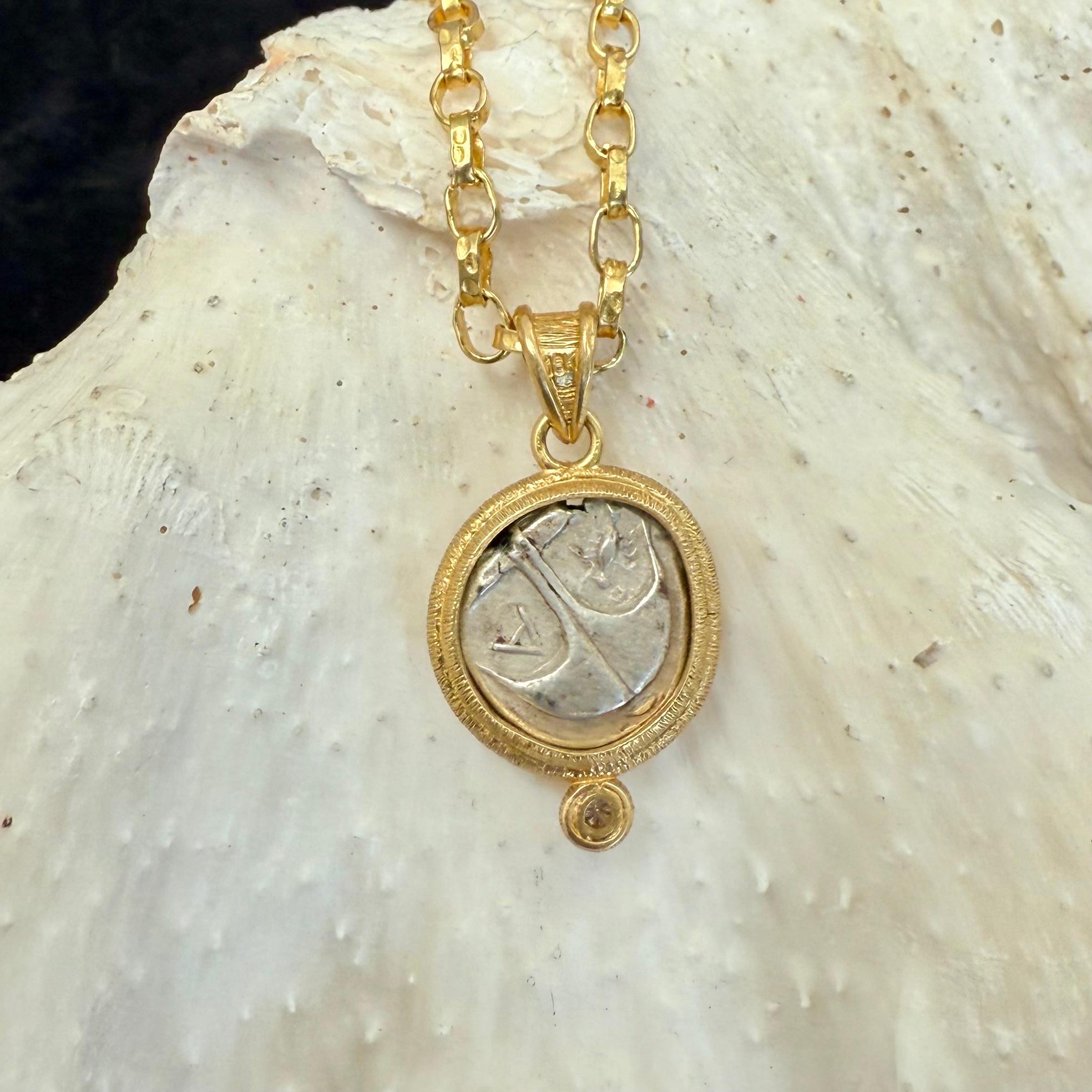 Ancient Greek 5th Century BC Silver Medusa Coin Diamond 18K Gold Pendant For Sale 5
