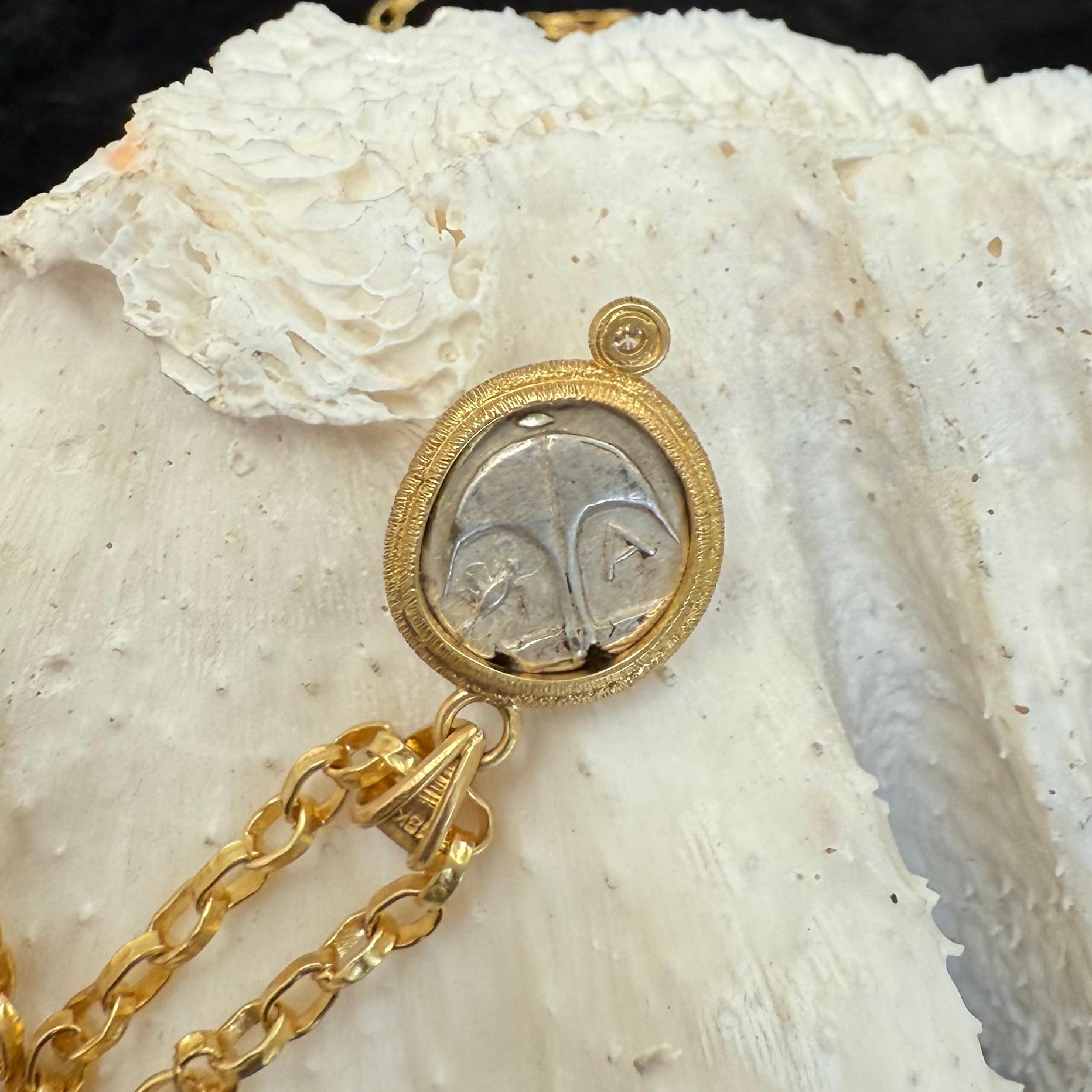 Ancient Greek 5th Century BC Silver Medusa Coin Diamond 18K Gold Pendant For Sale 6