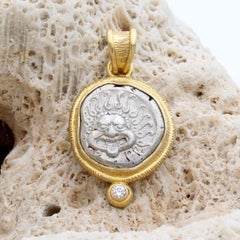 Ancient Greek 5th Century BC Silver Medusa Coin Diamond 18K Gold Pendant