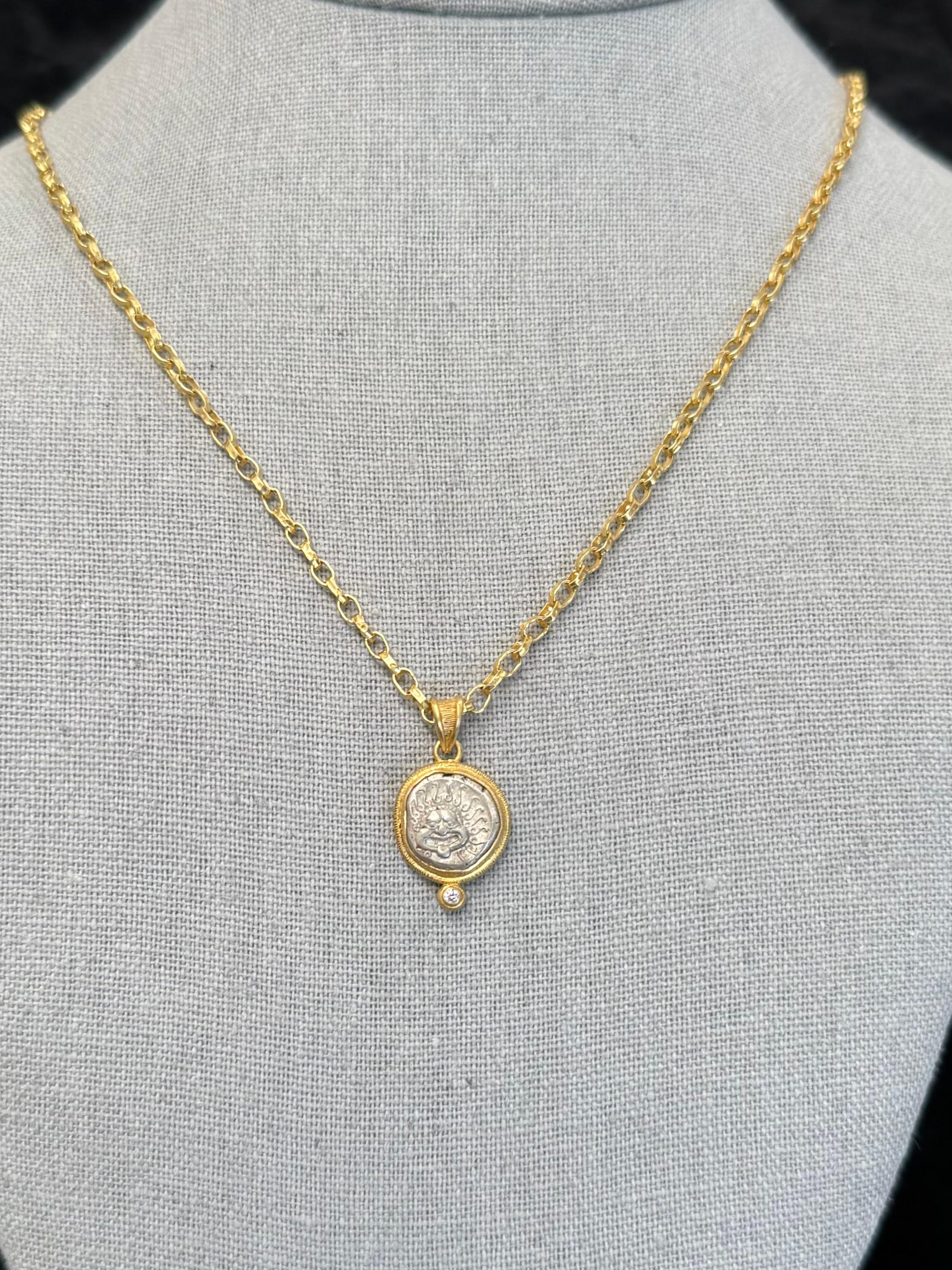 Classical Greek Ancient Greek 5th Century BC Silver Medusa Coin Diamond 18K Gold Pendant For Sale