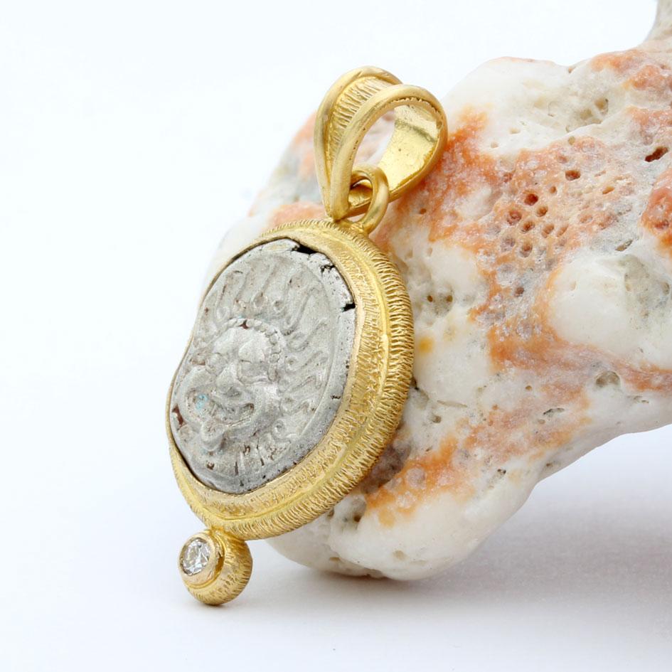 Rose Cut Ancient Greek 5th Century BC Silver Medusa Coin Diamond 18K Gold Pendant For Sale
