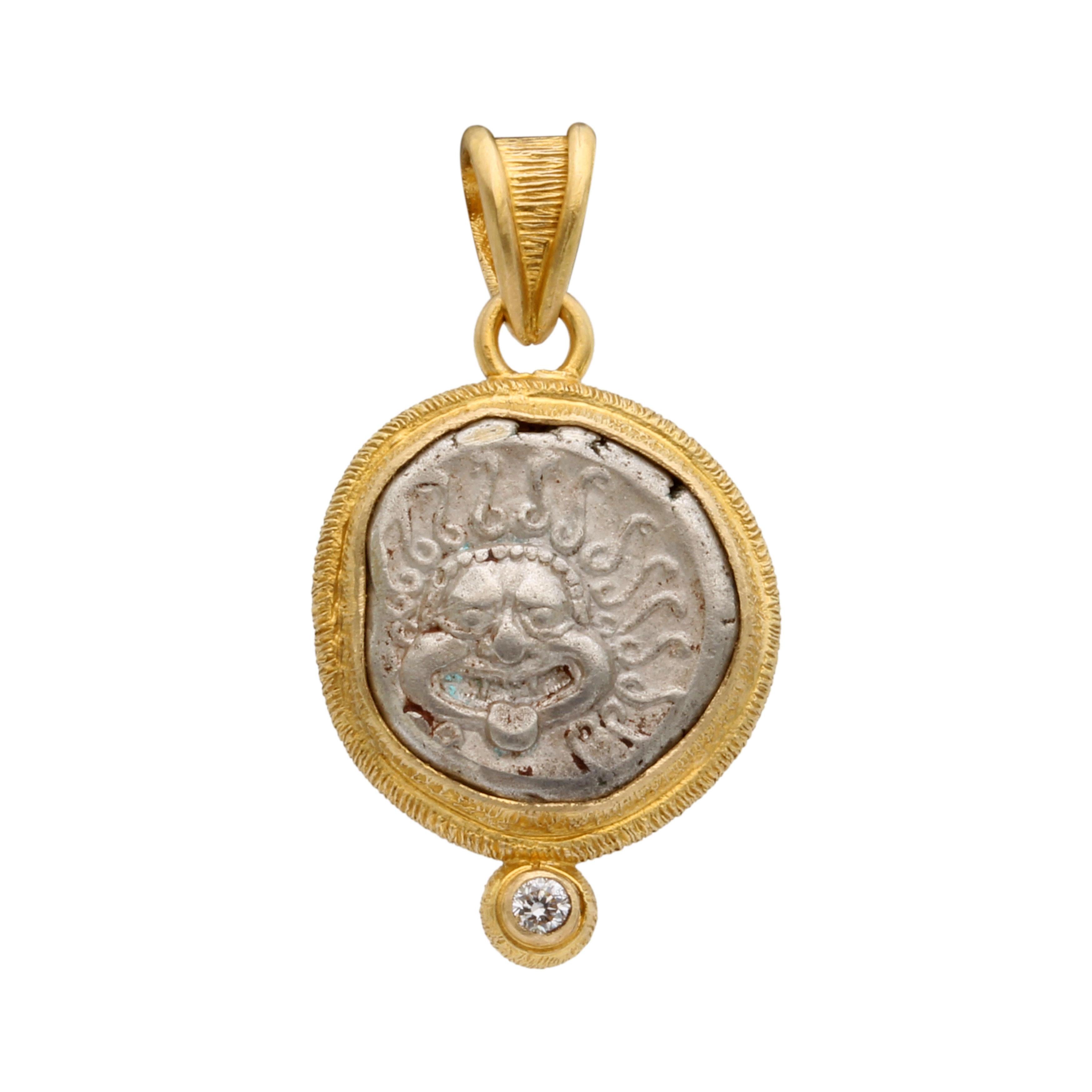 Ancient Greek 5th Century BC Silver Medusa Coin Diamond 18K Gold Pendant In New Condition For Sale In Soquel, CA