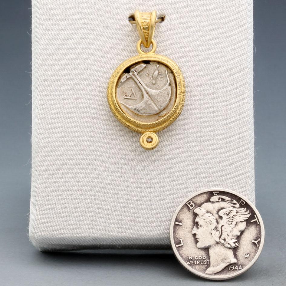 Ancient Greek 5th Century BC Silver Medusa Coin Diamond 18K Gold Pendant For Sale 1