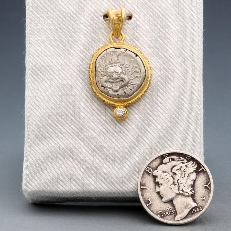 Ancient Greek 5th Century BC Silver Medusa Coin Diamond 18K Gold Pendant For Sale 2