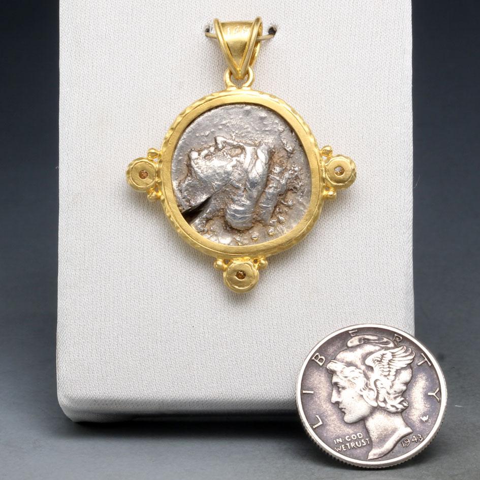 Classical Greek Ancient Greek 5th Century BC Silver Siglos Owl Coin Diamonds 18K Gold Pendant For Sale