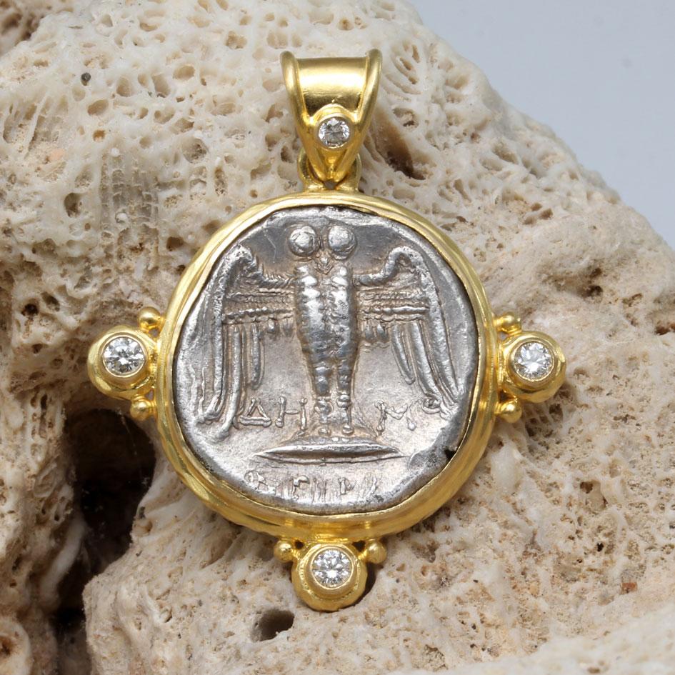 Ancient Greek 5th Century BC Silver Siglos Owl Coin Diamonds 18K Gold Pendant In New Condition For Sale In Soquel, CA