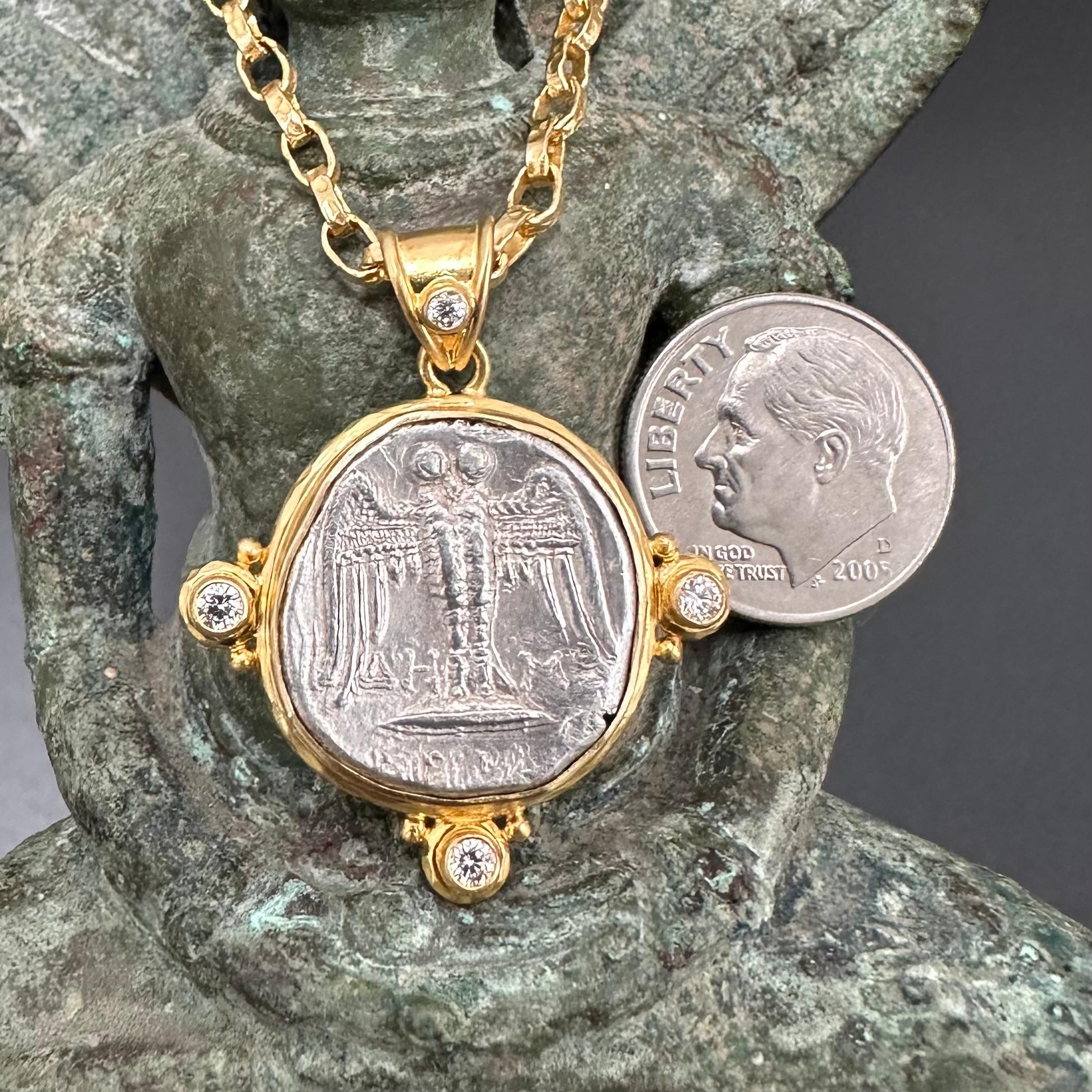 Pendentif grec ancien du 5e siècle avant J.-C. en argent Siglos Hibou Coin diamants or 18 carats en vente 2
