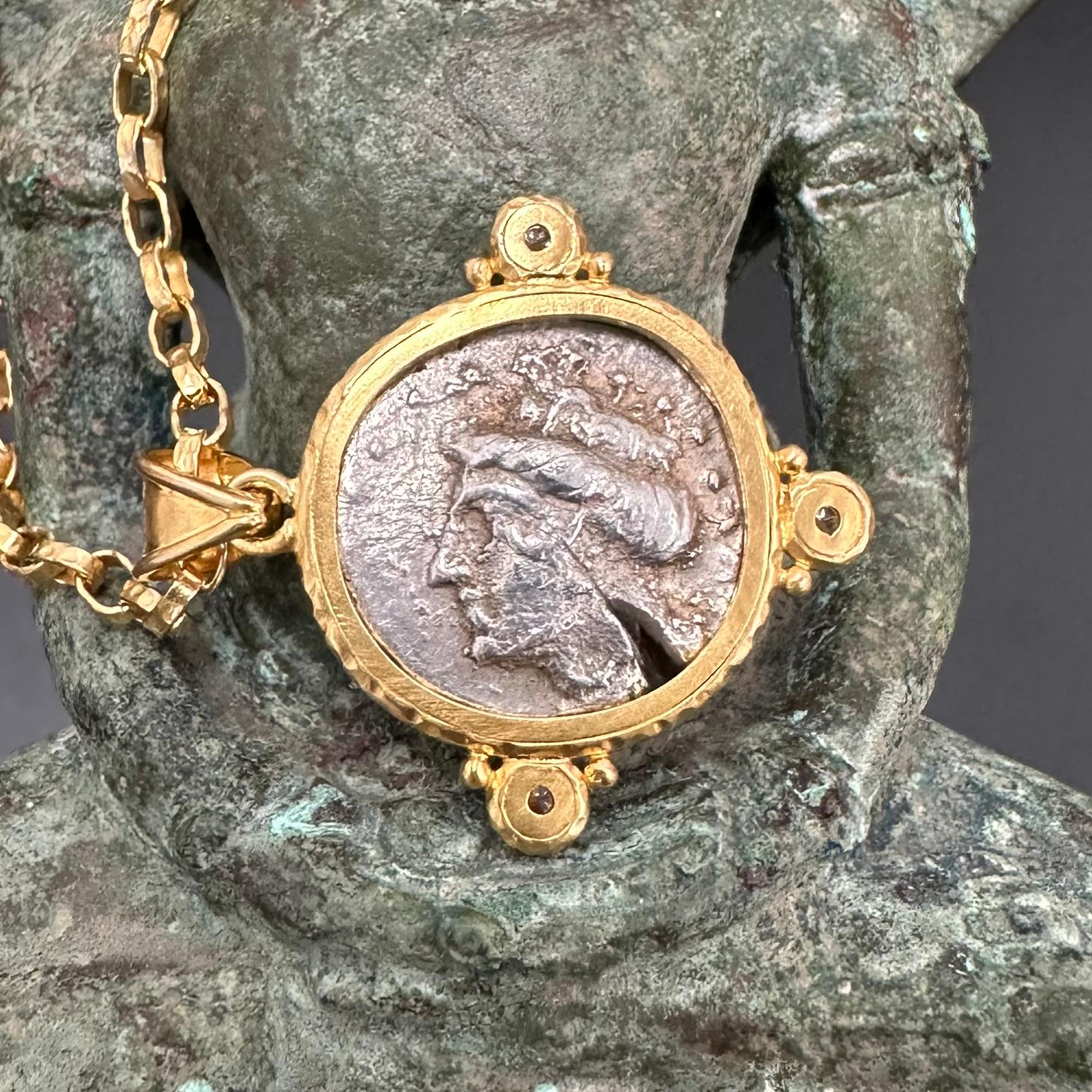 Ancient Greek 5th Century BC Silver Siglos Owl Coin Diamonds 18K Gold Pendant For Sale 3
