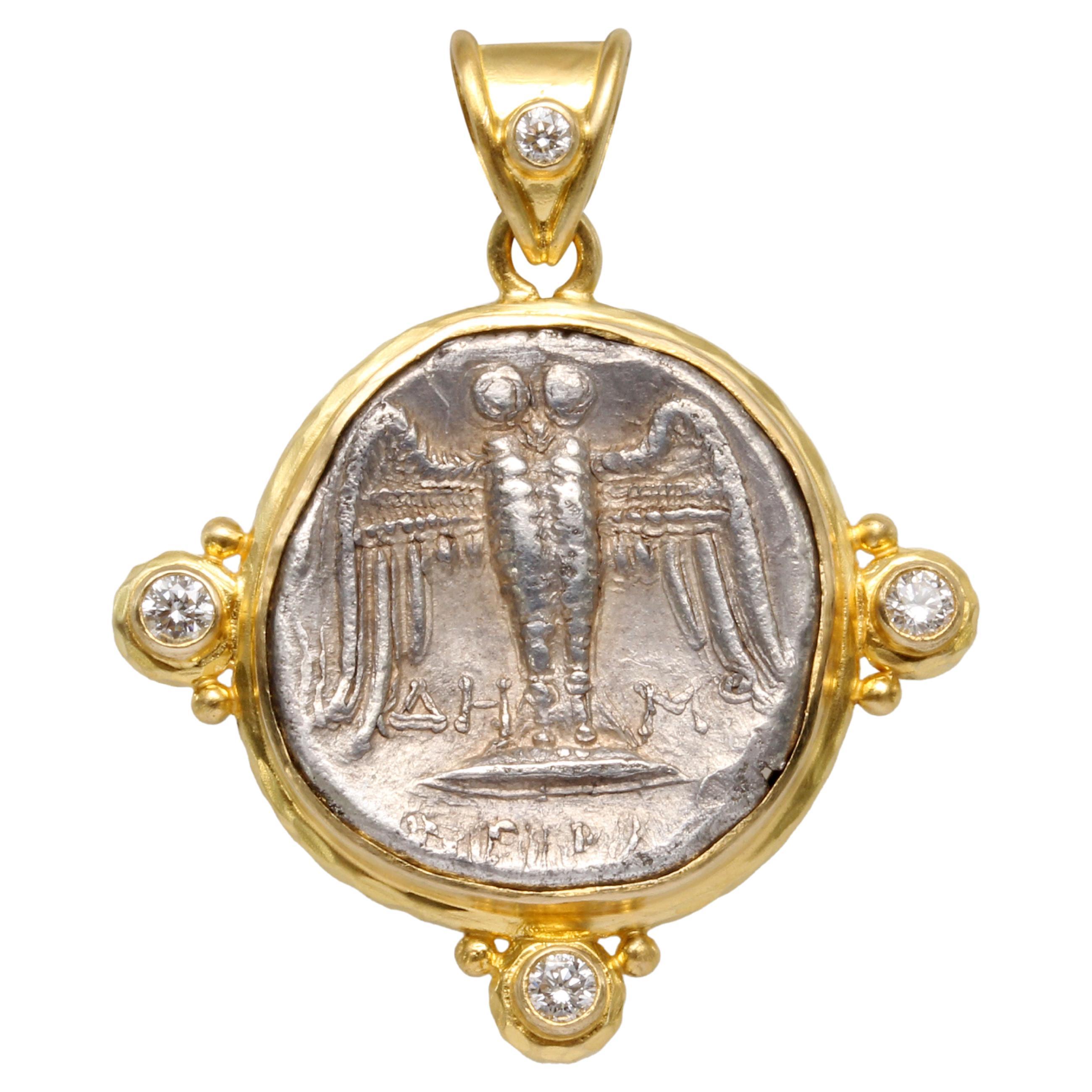 Pendentif grec ancien du 5e siècle avant J.-C. en argent Siglos Hibou Coin diamants or 18 carats en vente