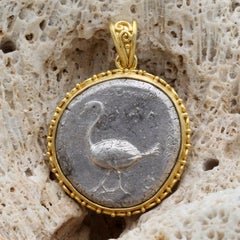 Ancient Greek 5th Century BC Silver Swan Coin 18K Gold Pendant