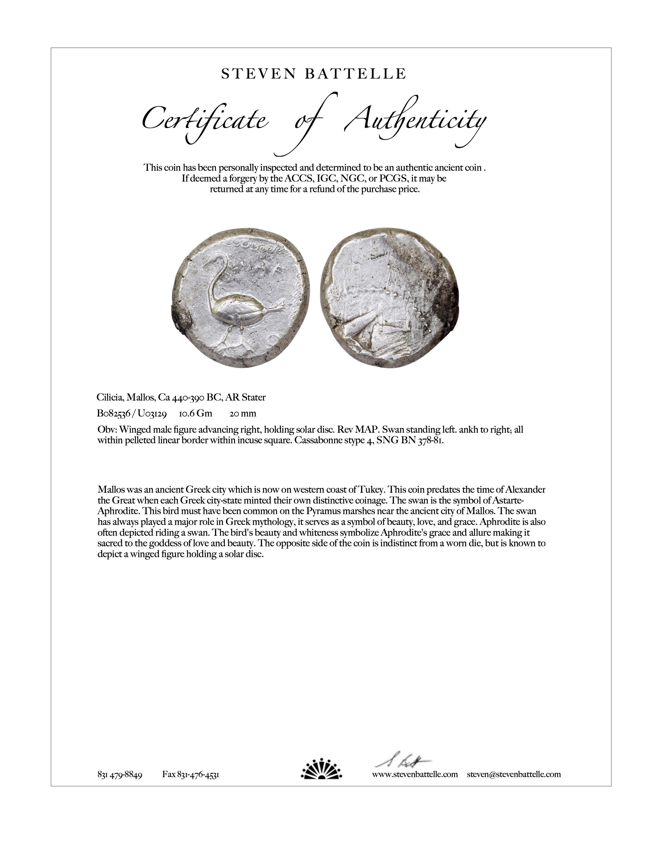 Pendentif en or 18K avec pièce de Swan en argent de l'Antiquité grecque du 5e siècle avant J.-C. en vente 1