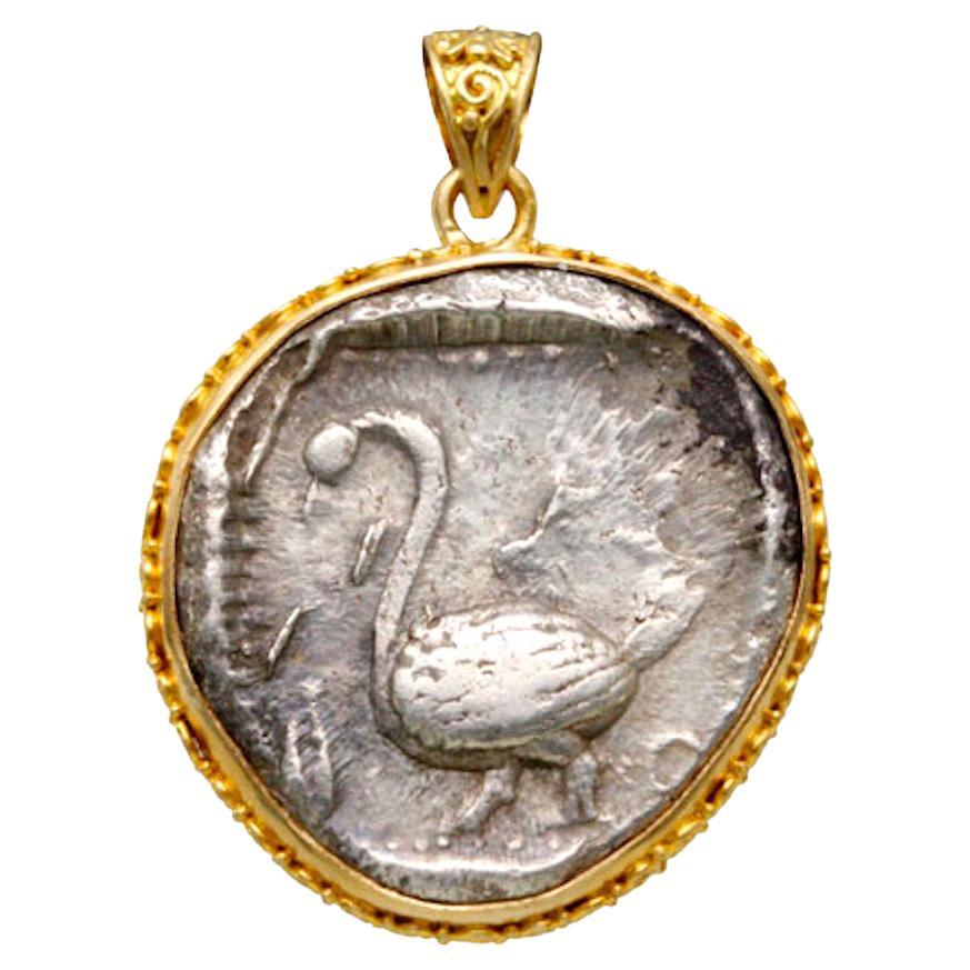 Ancient Greek 5th Century BC Swan Coin 18K Gold Pendant For Sale