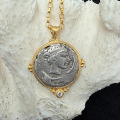 Ancient Greek 5th Century BC Syracuse Arethusa Coin Diamond 18K Gold Pendant