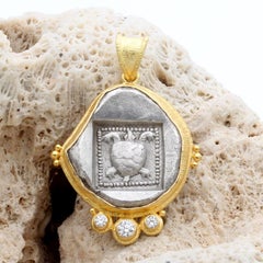 Ancient Greek 5th Century BC Turtle Stater Coin Diamonds 18K Gold Pendant