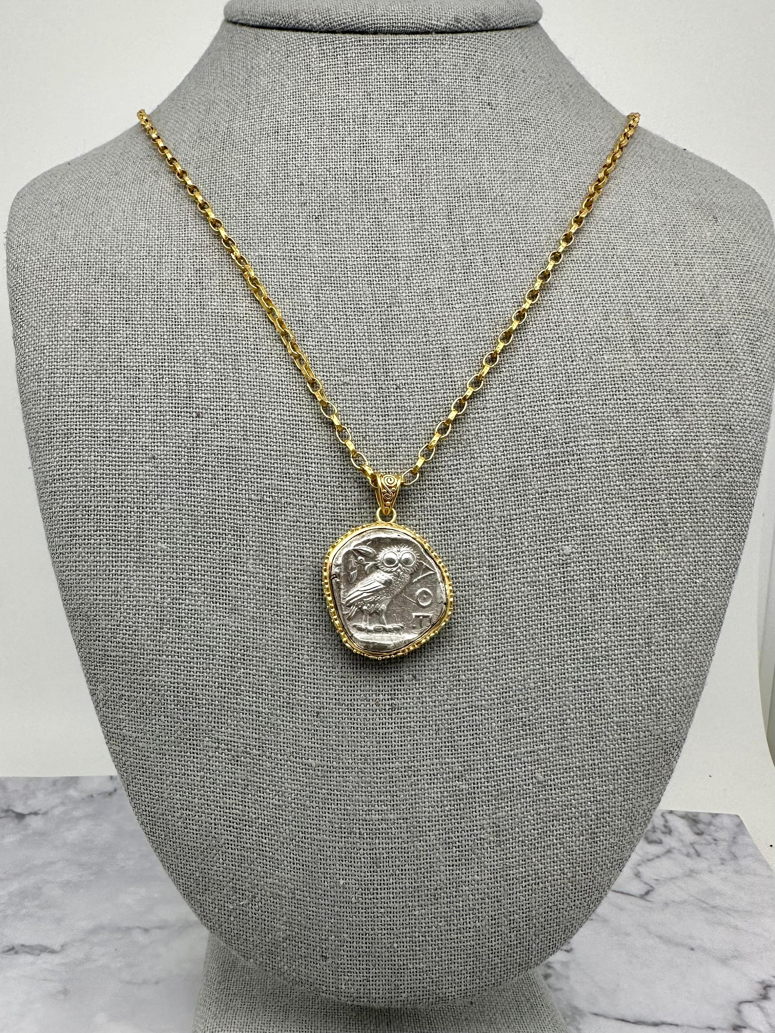Athéna Grecque Ancienne 5ème siècle BCE Pièce Chouette Pendentif Or 18K Chaîne 18K 2