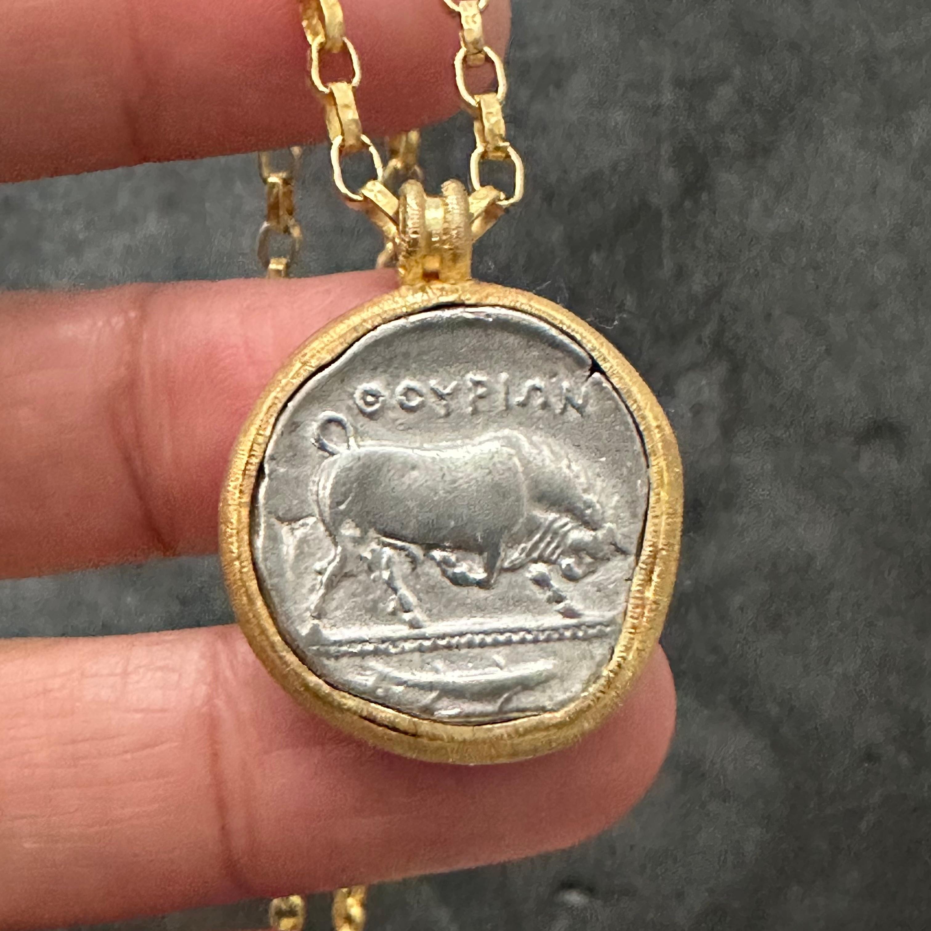 Ancient Greek 5th Century BCE Silver Bull Coin 18k Gold Pendant For Sale 1